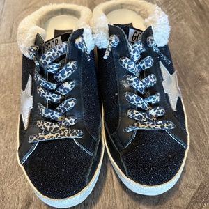 Golden Goose black sparkle shearling sabot slide 38
